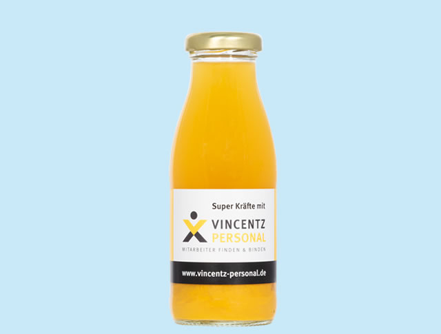 Flasche Apfelsaft mit Logo, 25 cl.